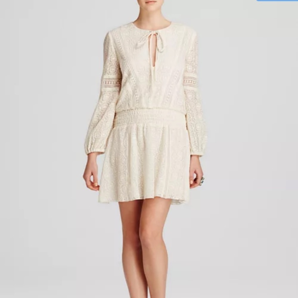 Alice + Olivia Margaux Cream Drop Waist Lace Embroidered Tie Neck Dress, Sz 8